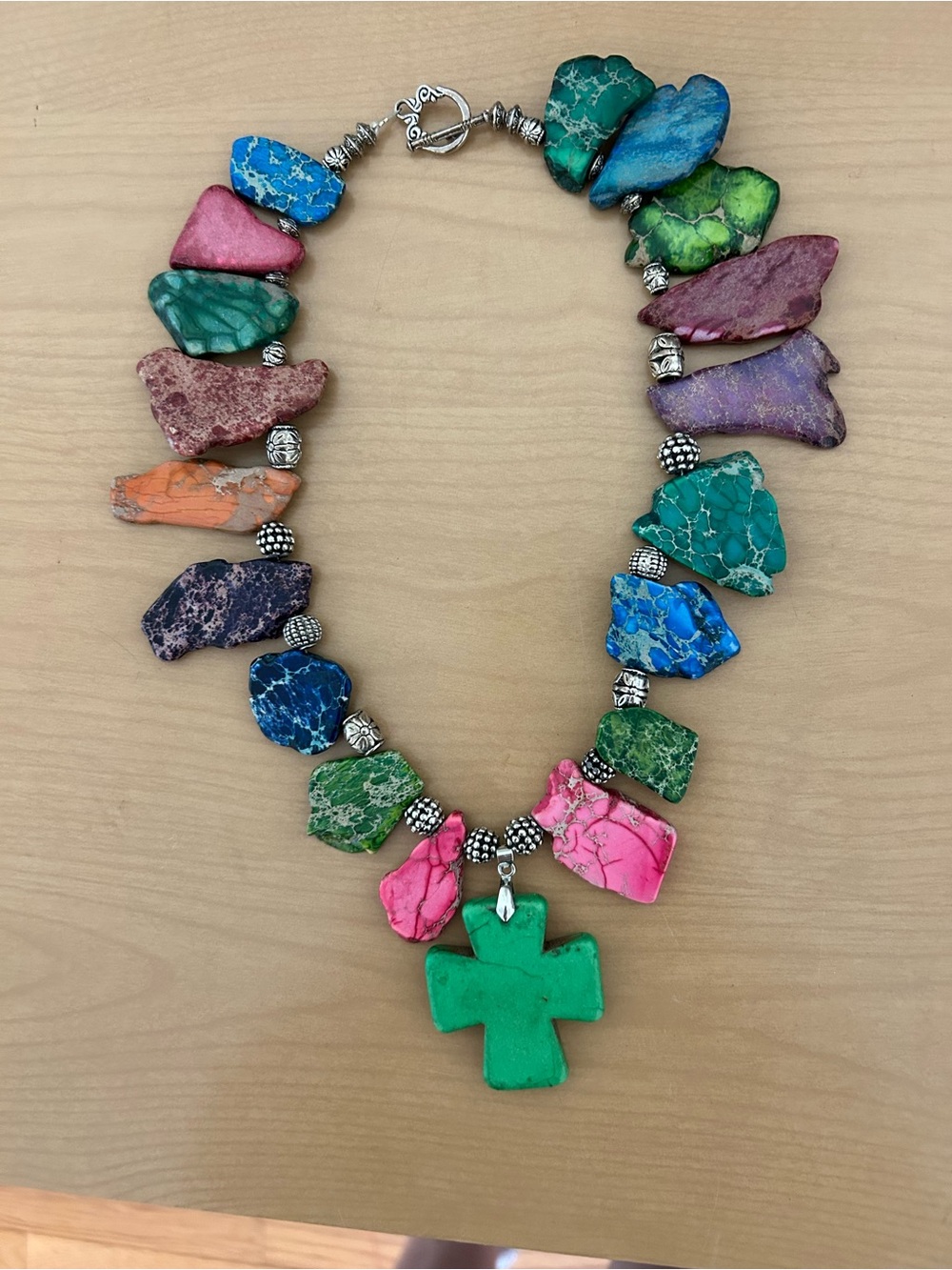 Colorful Multistone Necklace with Green Cross Pendant